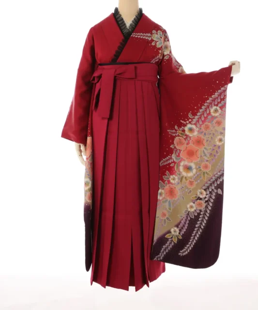 【卒業袴】着物に咲く幻の花☆エンジ黒ぼかし藤娘