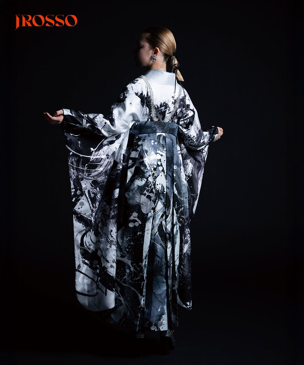 【卒業袴】水墨のアート ☆墨流しの風　白虎 J-ROSSO