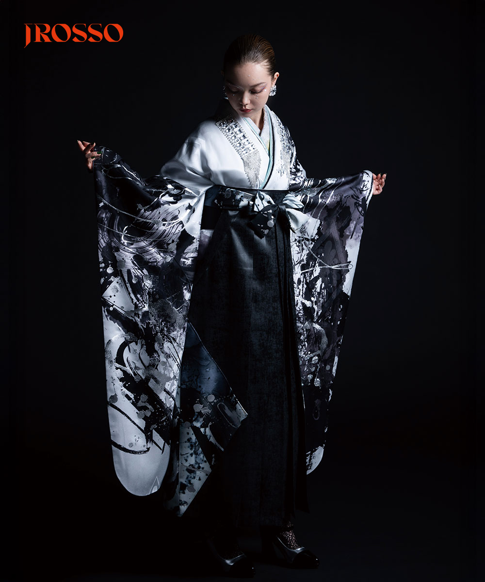 【卒業袴】水墨のアート ☆墨流しの風　白虎 J-ROSSO