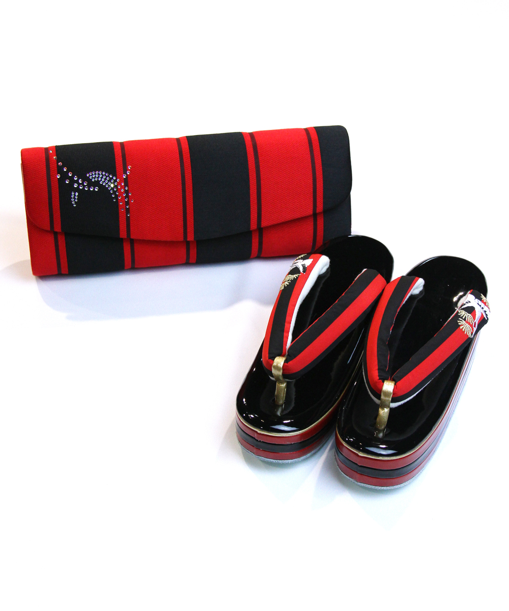 【草履・バッグ】赤黒ストライプ鶴刺繍