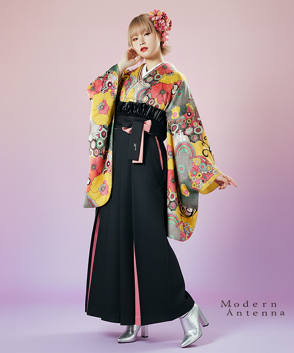 【卒業袴】気まぐれヴィンテージミューズ ☆Psychedelic  Flower (グレー×イエロー)　モダンアンテナ