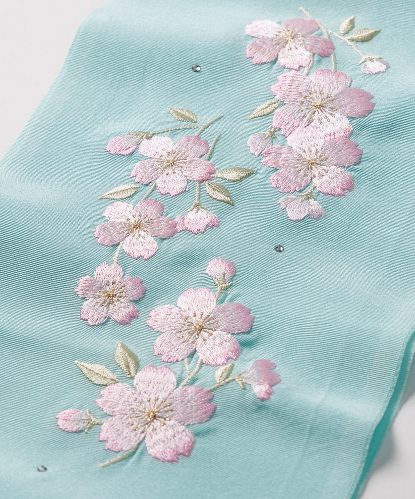 【半襟】水色刺繍桜01