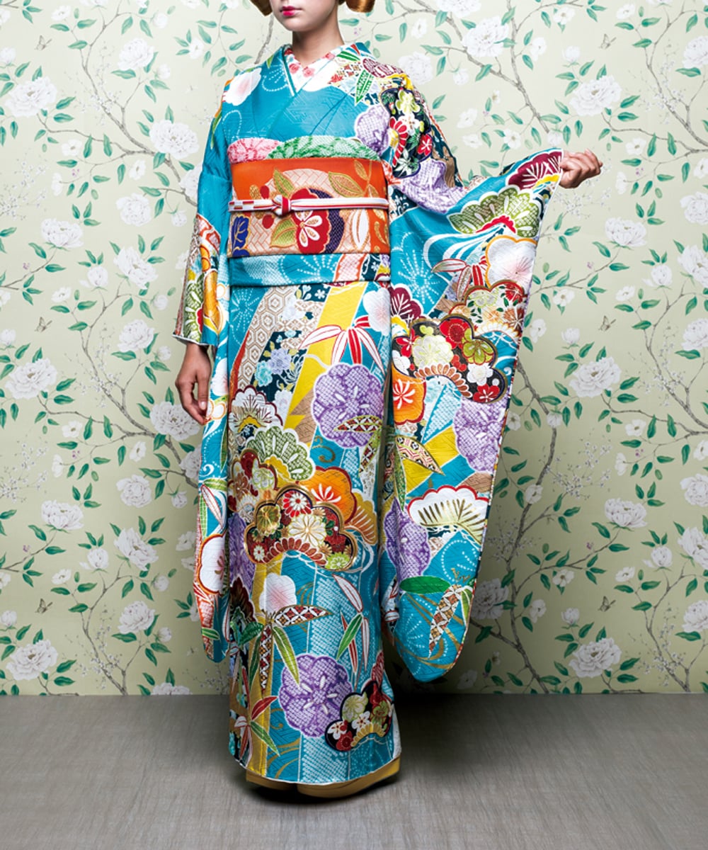成人式/参列/振袖】強く美しい日本の伝統美☆花あさぎ色松竹梅に宝