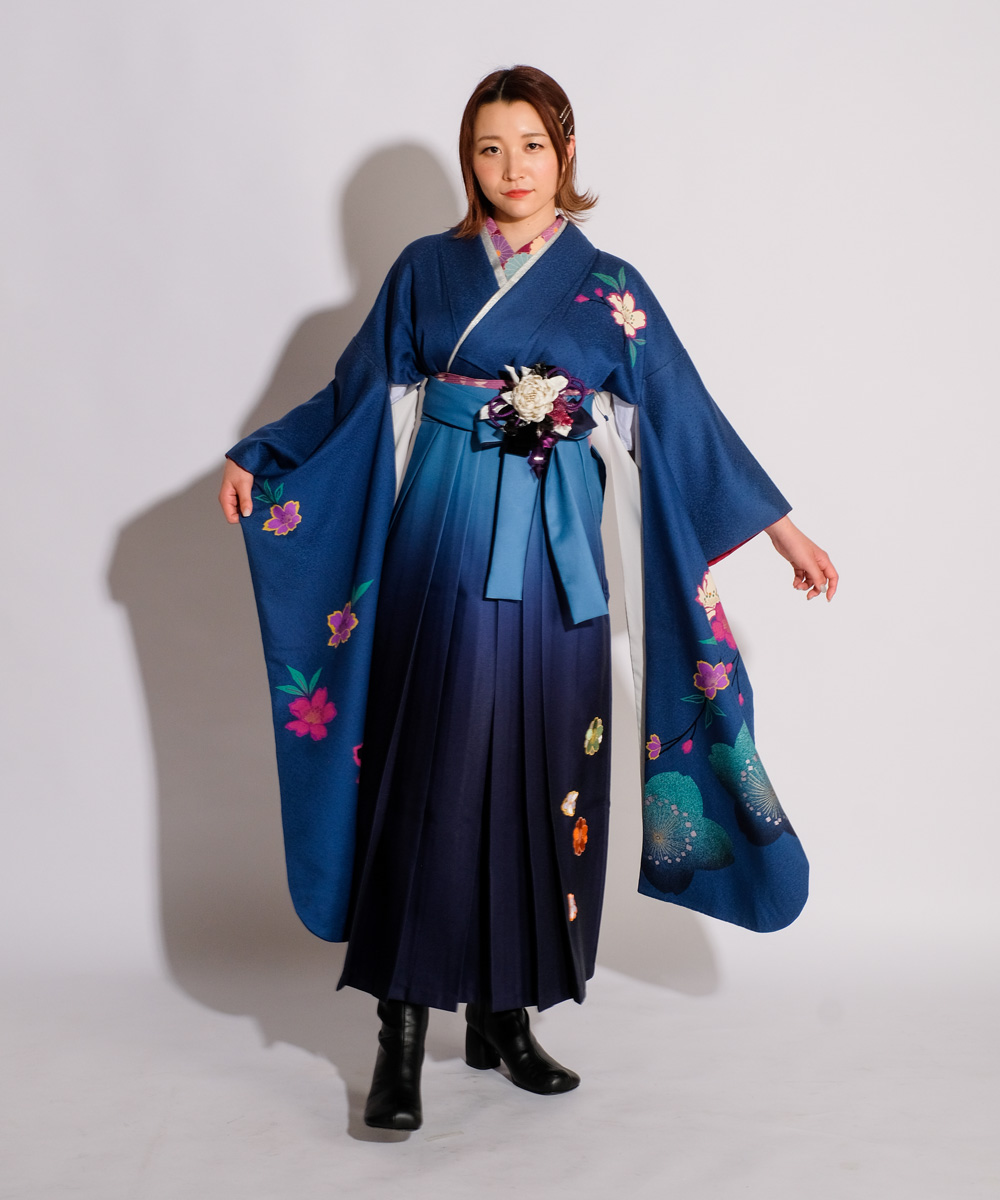 卒業式　袴セット　3点セット　青　紫　桜　刺繍