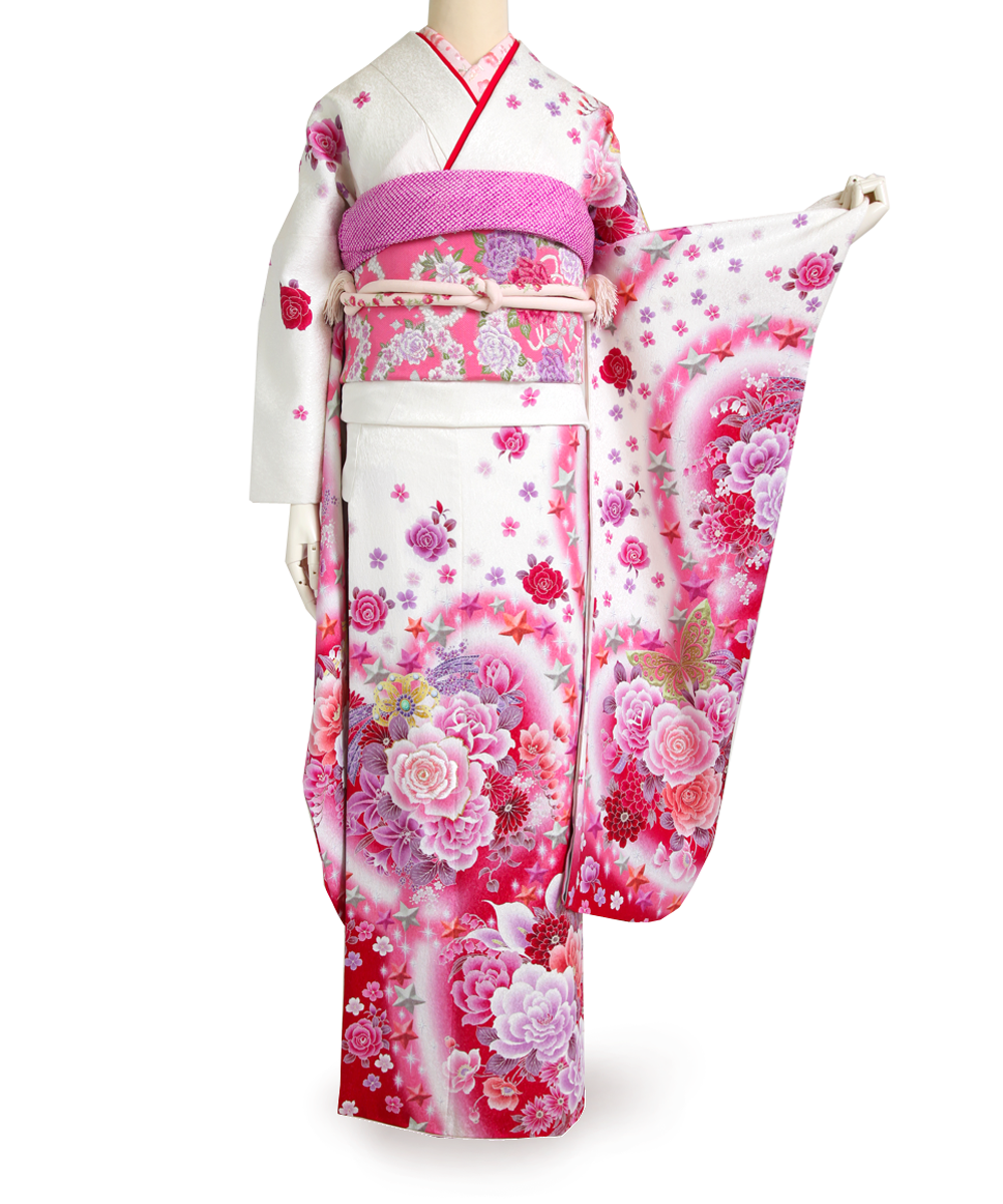 振袖セット 美品 白ピンク かわいい ハート×リボン柄 ストーン 成人式