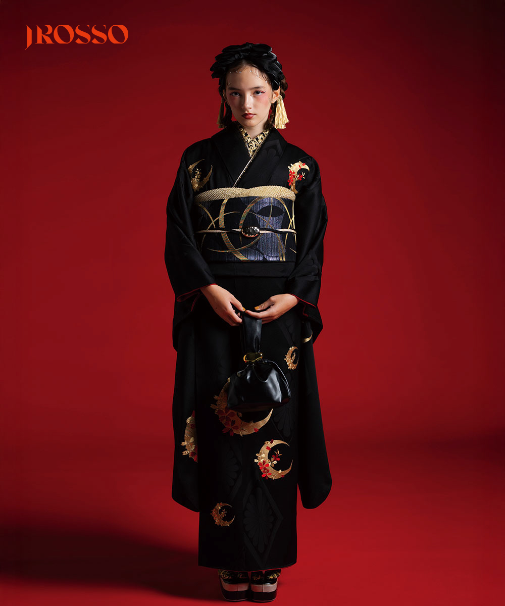 【成人式/参列/振袖】凛とした美 ☆月影の桜｜漆黒に金の月 J-ROSSO