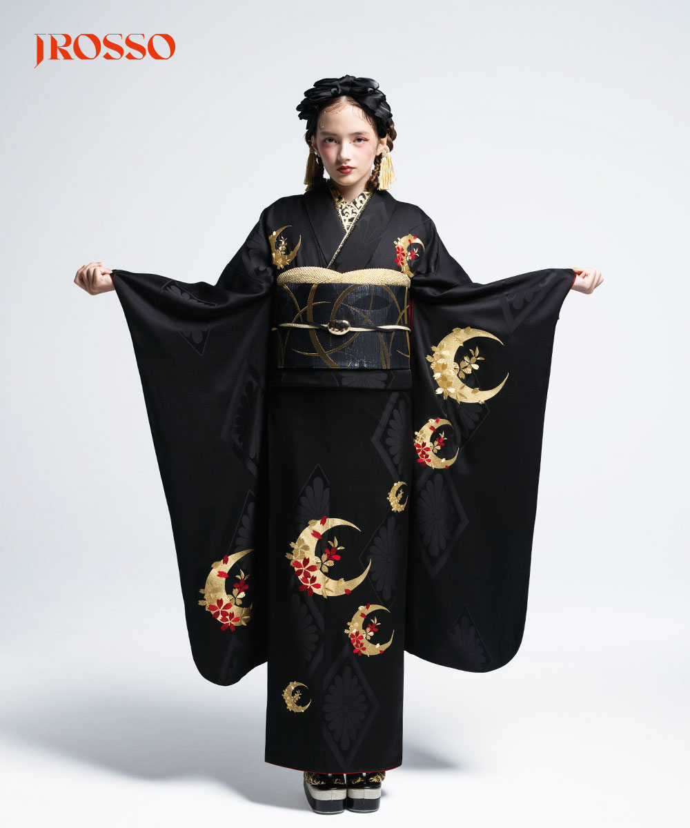 【成人式/参列/振袖】凛とした美 ☆月影の桜｜漆黒に金の月 J-ROSSO