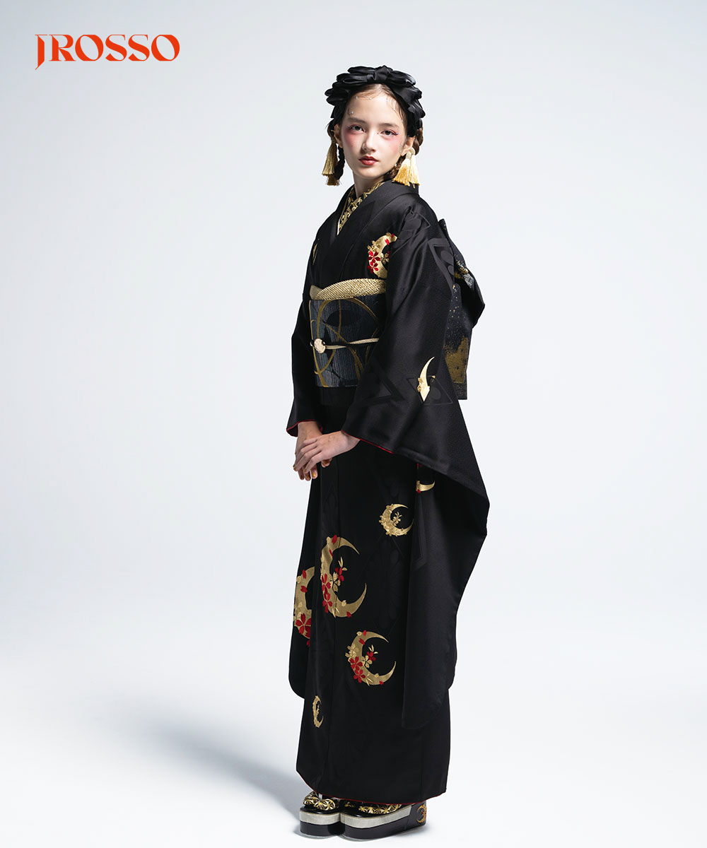 【成人式/参列/振袖】凛とした美 ☆月影の桜｜漆黒に金の月 J-ROSSO