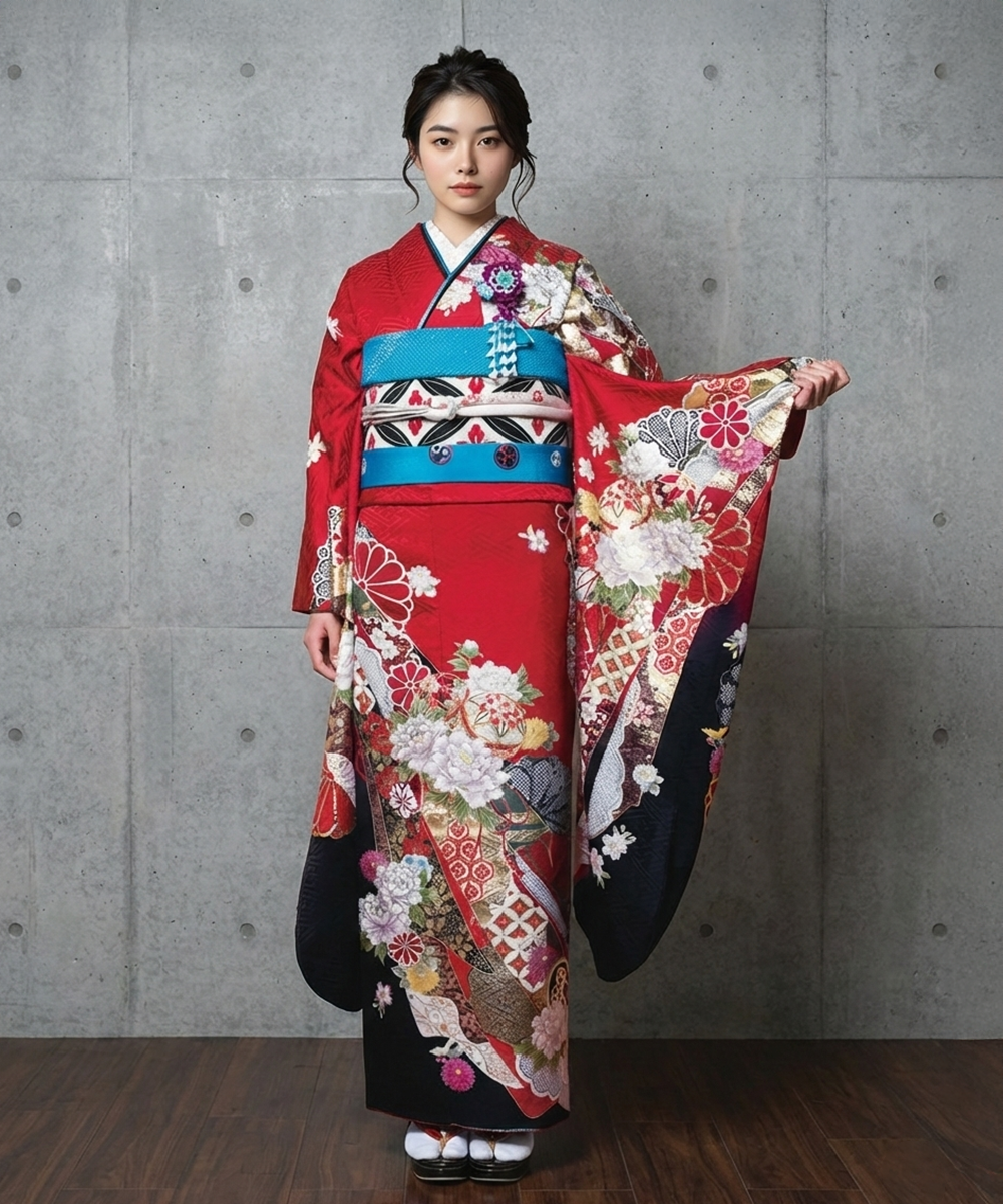 【成人式/参列/振袖】クール可愛いモダン☆赤地御紋菊 J-ROSSO